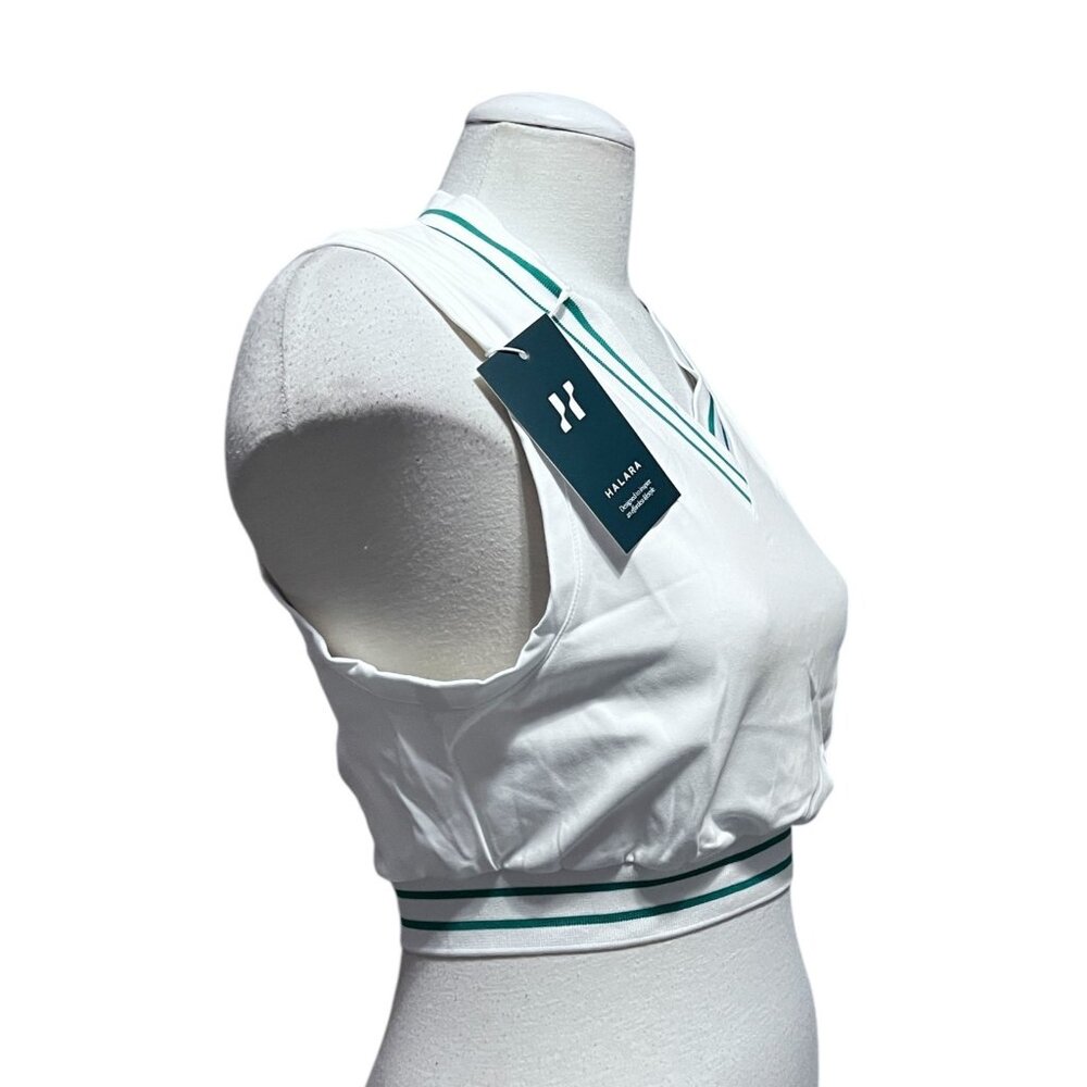 Halara V Neck Sleeveless Sport Striped Casual Cropped Shirt Sz XS White & Green - Picture 5 of 6